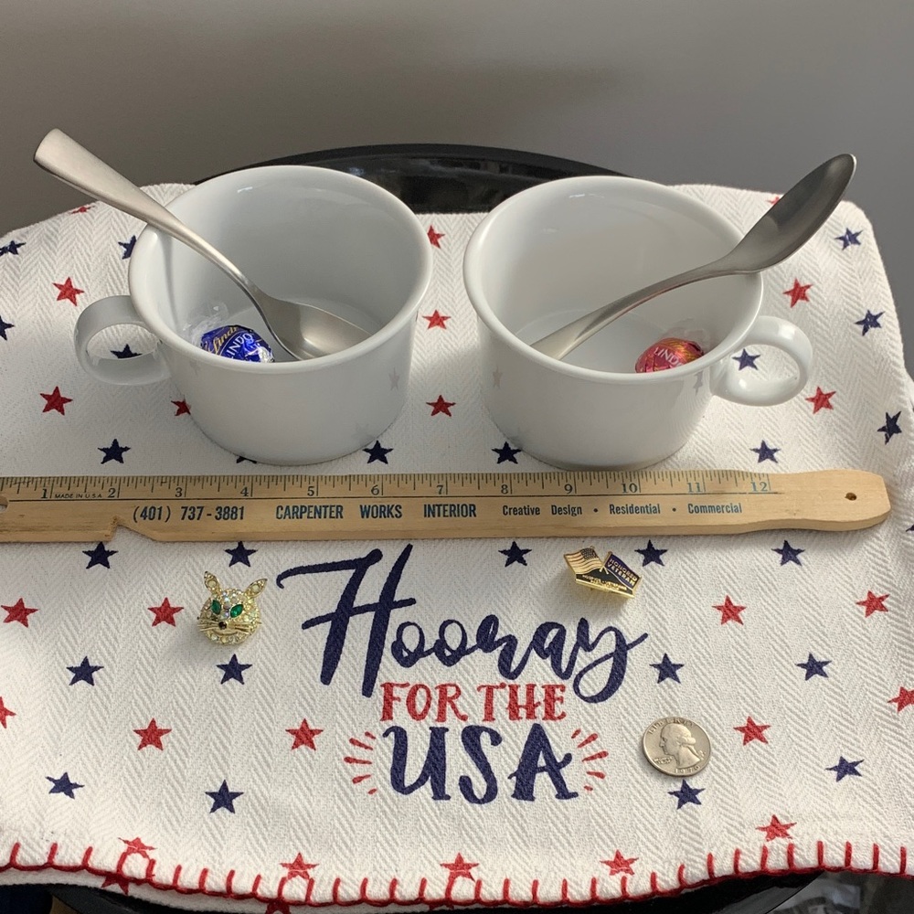 Oneida Bright White Mugs w/ SS Spoons - PARTY for 2